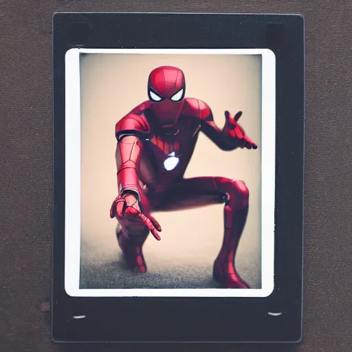 Image similar to a single iron man and spider - man hybrid, dslr, polaroid