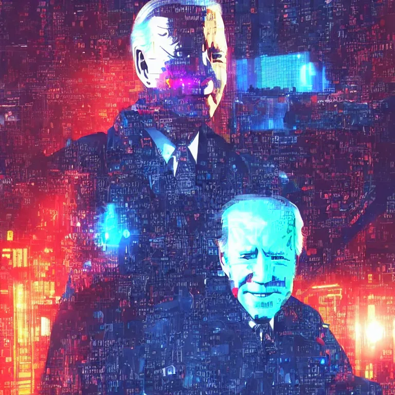 Prompt: Joe Biden enters the metaverse, cyberpunk, striking, colorful, impactful, artstation