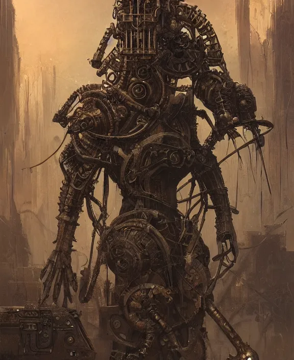 Image similar to portrait of a steampunk doomslayer by hr giger and beksinski and stephan martiniere, trending on artstation, 4 k resolution, detailed, high quality, hq artwork