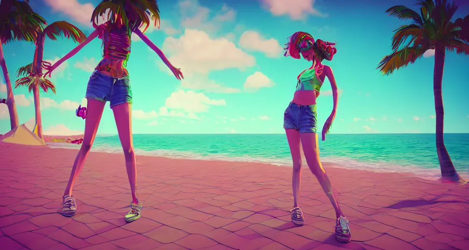 Prompt: fullbody vaporwave art of a fashionable zombie girl at a beach, early 90s cg, 3d render, 80s outrun, low poly, from Hotline Miami