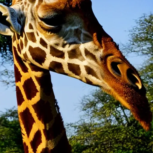 Prompt: a giraffe - human, wildlife photography