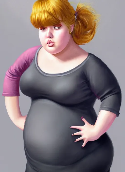 Image similar to full body portrait of teenage betty cooper, obese, bangs, ponytail, sultry, realistic, sultry smirk, ponytail hairstyle, fluffy bangs, curly bangs, skirt, fat, belly, intricate, elegant, highly detailed, digital painting, artstation, concept art, smooth, sharp focus, illustration, art by wlop, mars ravelo and greg rutkowski