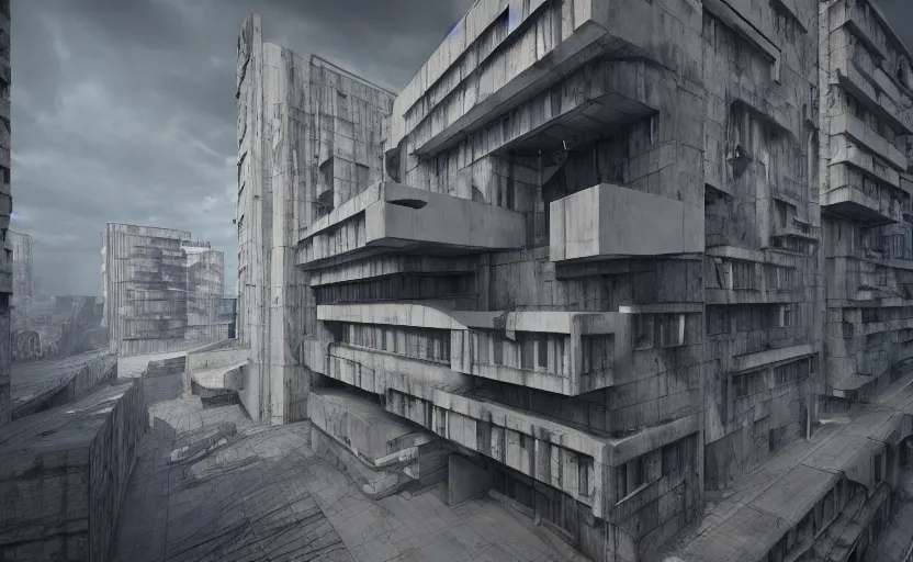 Prompt: Brutalist architecture buildings, octane render, artstation trending, horror scene, highly detailded