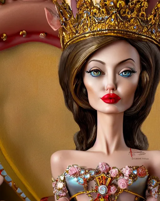 Image similar to highly detailed closeup, face profile portrait of a tin toy angelina jolie as a fairytale princess wearing a crown and sitting on a throne, bikini, depth of field, nicoletta ceccoli, mark ryden, lostfish, max fleischer, breathtaking, detailed and intricate environment, 8 k resolution, hyperrealistic, octane render