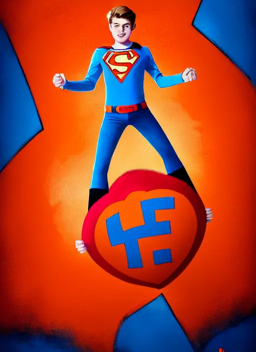 Image similar to friendly teenage archie andrews wearing an orange superhero costume with heart logo, heart, freckles, blue cape, heart emblem on chest, blue cape, intricate, elegant, glowing lights, highly detailed, digital painting, artstation, sharp focus, illustration, art by wlop, mars ravelo and greg rutkowski