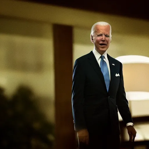 Prompt: joe biden as slenderman movie still, cinematic lighting, ray tracing, octane render, long lens, shallow depth of field, bokeh, anamorphic lens flare, 8 k, hyper detailed, 3 5 mm film grain