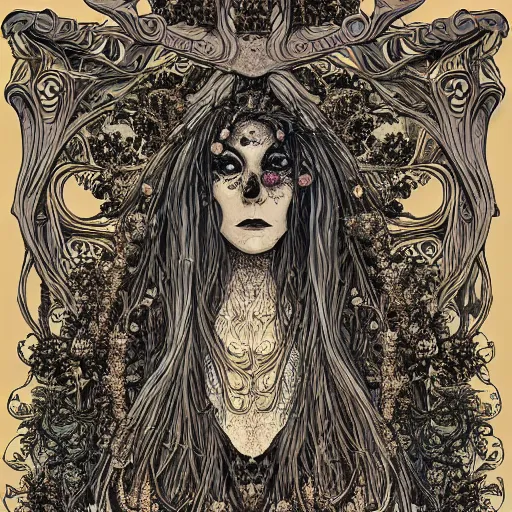 Image similar to a beautiful detailed front view portrait of a rotten woman corpse with fractal plants and fractal flowers and mushrooms growing around, intricate, symmetrical, ornate, ornamentation, bones, illustration, in the style of art nouveau