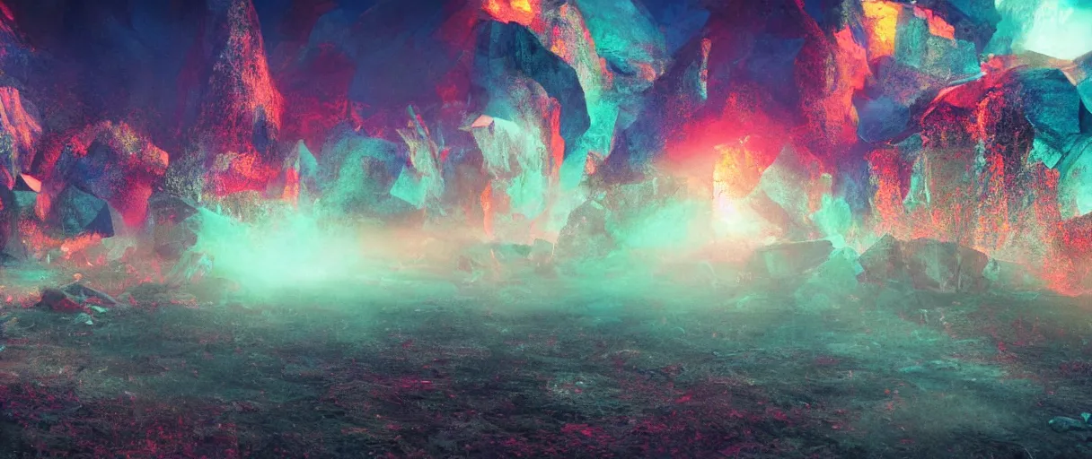 Image similar to dream landscape, simulation, volumetric object, physical particles, translucence, cinematic lighting, iridescence, by ash thorpe