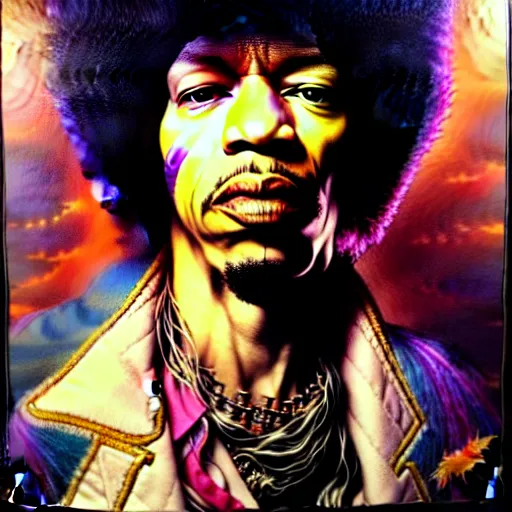 Image similar to uhd photorealistic portrait of albino jimi hendrix, by amano, ayami kojima, greg rutkowski, lisa frank, mark brooks, and karol bak, masterpiece, cinematic composition, dramatic pose, studio lighting, correct face, hyperdetailed, intricate details