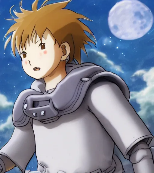 Image similar to attractive little boy wearing an cyborg bear suit, artwork in kentaro miura and made in abyss, inspired in inazuma eleven, smooth, beautiful lightness, anatomically correct, trending on pixiv, moon