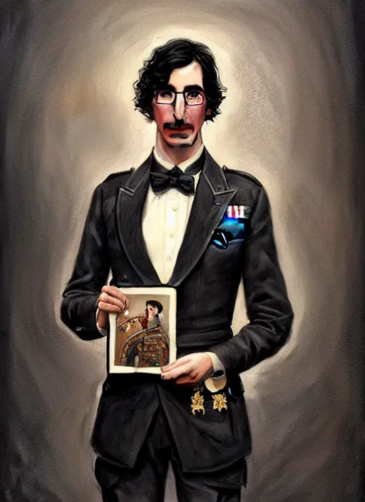 Image similar to a portrait of john oliver holding a portrait of adam driver, military uniform, fantasy, intricate, elegant, beautiful, highly detailed, charcoal, centered, dark, smokey, digital painting, artstation, concept art, smooth, sharp focus, illustration, art by artgerm and greg rutkowski and alphonse mucha