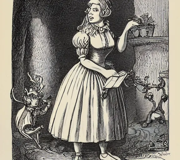 Prompt: Tenniel illustration portrait of Alice, walking in wonderland