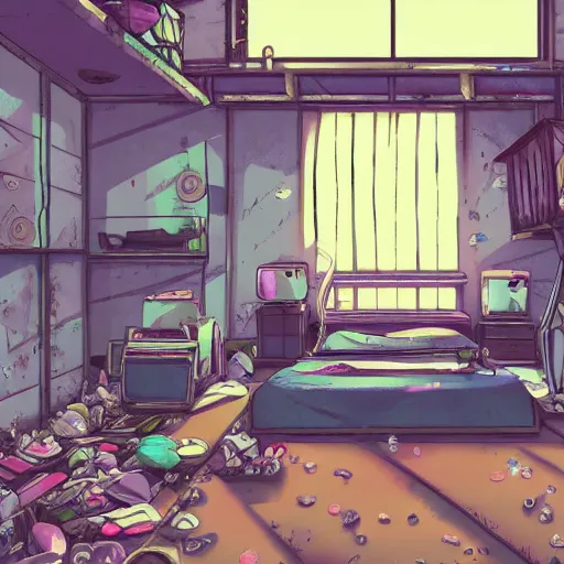 Image similar to anime background of the interior of a bedroom in the slums with a loft bed, book case, computer desk, blowling alley carpet, and built from various coral seashells and being reclaimed by nature, nostalgia, vaporwave, litter, steampunk, cyberpunk, caustics, anime, vhs distortion, dynamic shot, cinematic letterbox, art created by miyazaki