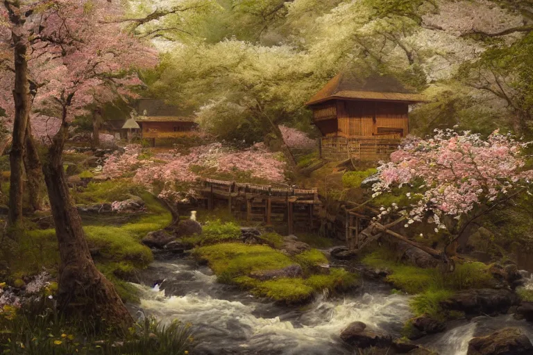 Prompt: A beautiful painting of an improvised wooden village stacked and nestled among cherry blossom trees over a babbling creek, painted by ivan shishkin and arkhip kuindji, trending on artstation, matte painting