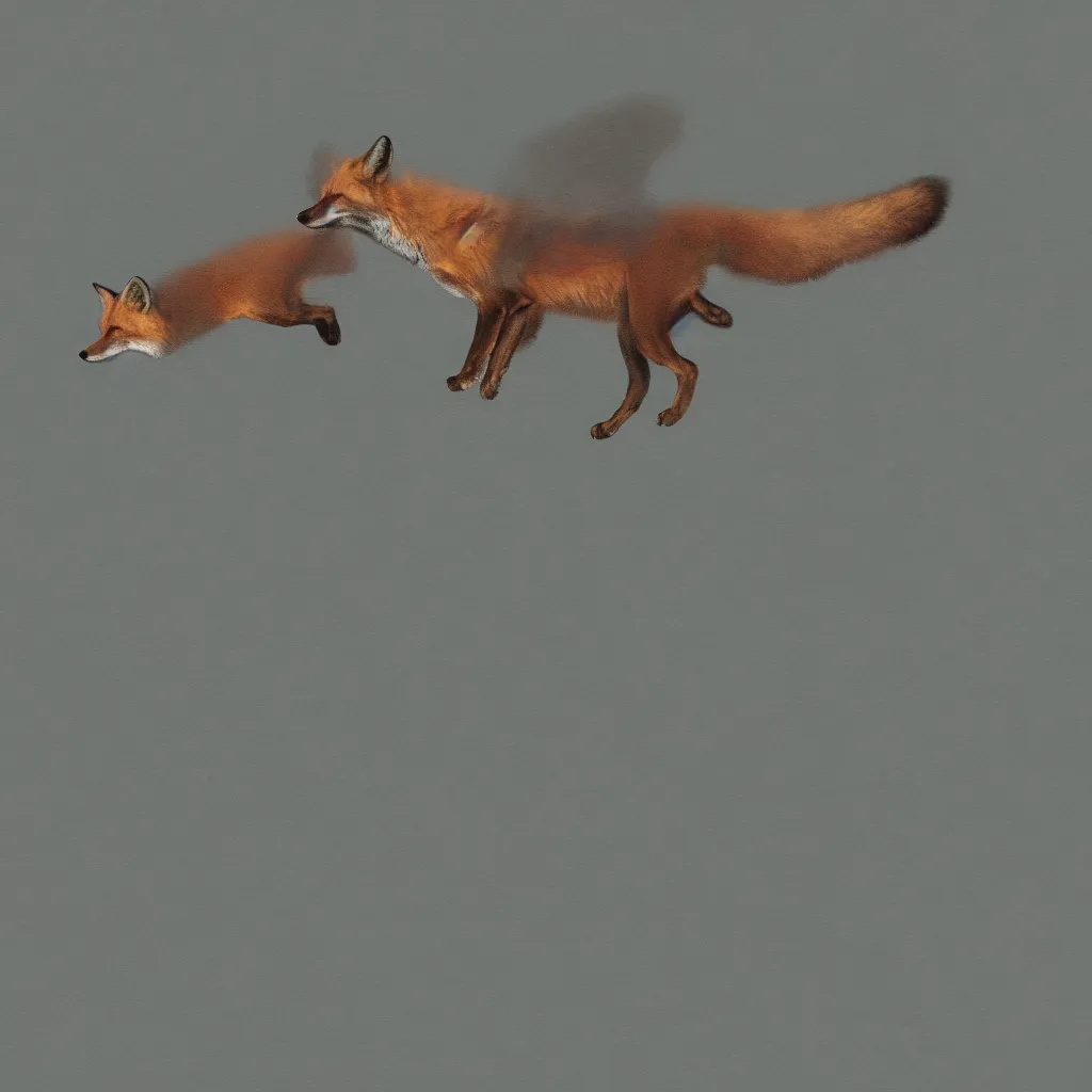 Image similar to fox flying through landscape, concept art, cinematic lighting