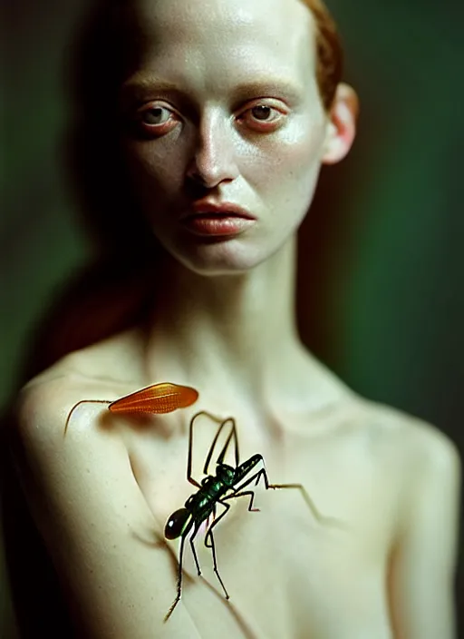 Prompt: cinestill 5 0 d portrait shot of a beautiful woman metamorph mantis in style of tim walker by roberto ferri realistic render, 8 k, micro detail, translucent body intricate detailed, 1 5 0 mm lens, f 1. 4, sharp focus, ethereal, emotionally evoking, head in focus, bokeh volumetric lighting, tonal colors outdoor