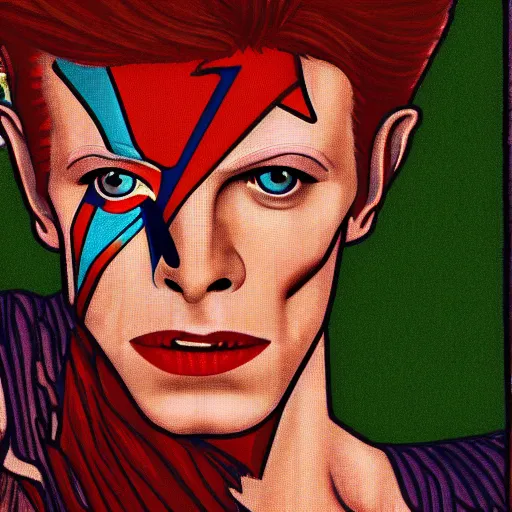 Image similar to david bowie as aladdin sane, mucha style,