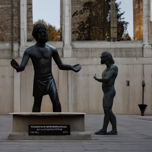 Image similar to religious debate between people in front of concrete statue of Christ