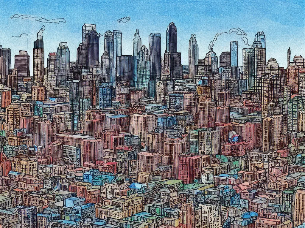 Image similar to extremely detailed drawing of the milwaukee skyline in the style of bill watterson