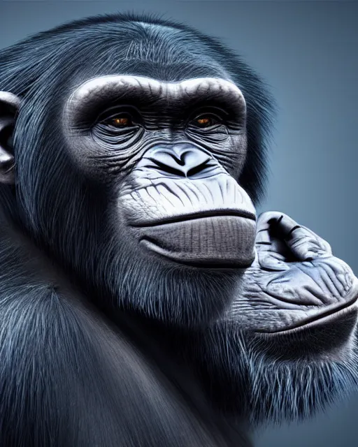 Image similar to gold, blue, very detailed high resolution illustration portrait of a chimpanzee glaring, mystical, 3 d, 8 k, extremely detailed, artstation