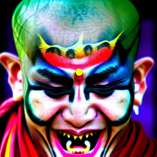 Image similar to photorealistic portrait photograph of a crazy buddhist monk with painted face as in peking opera and rastafarian rainbor color hair with spikes and rings in pierced face ears and nose like punks