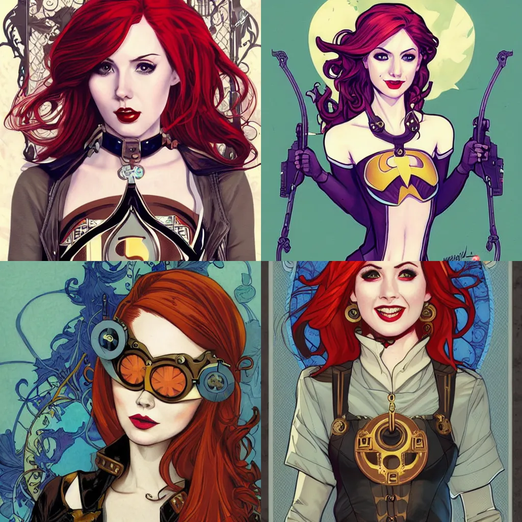 Image similar to pretty female Karen Gillan steampunk Batgirl DC comics, Jamie McKelvie comic art, art nouveau, Peter Mohrbacher, Alphonse Mucha, sarcastic confident smile, symmetrical eyes, symmetrical face, long red hair, full body