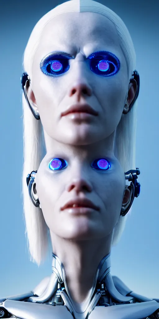 Prompt: hyperrealistic close-up of art deco cyborg woman with white hair and pearlescent blue skin wayne barlowe machiej kuciara very dramatic lighting on one side wide angle 35mm shallow depth of field 8k