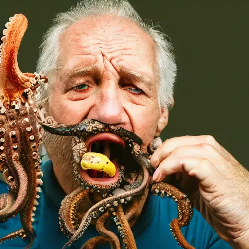 Prompt: National Geographic photo of angry old man with octopus living in his mouth