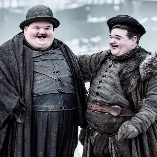 Prompt: oliver hardy and stan laurel in game of thrones