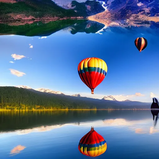 Image similar to photo of two black swans touching heads in a beautiful reflective mountain lake, a colorful hot air balloon is flying above reflecting off water, hot air balloon, intricate, 8k highly professionally detailed, centered, HDR, CGsociety