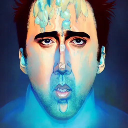 Prompt: prompt : blue nicolas cage illustration portrait soft light painted by james jean and katsuhiro otomo and erik jones, inspired by evangeleon anime, smooth face feature, intricate oil painting, high detail illustration, sharp high detail, manga and anime 1 9 9 9
