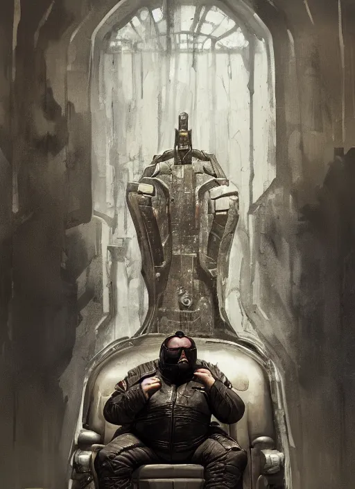 Prompt: shaun ryder as baron harkonnen wearing a leather spacesuit and sitting on a throne in the throne room on guidi prime, by normal rockwell and giger and jeremy mann, photoreal, science fiction character concept art, artstation