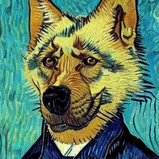 Image similar to retarded wolf portrait, van gogh