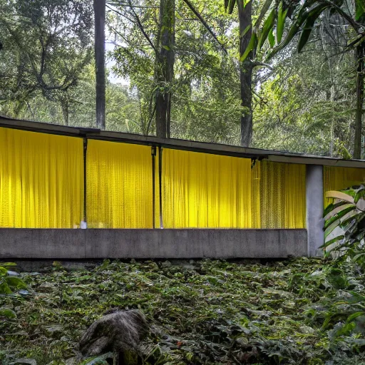 Image similar to exterior shot of a brutalist concrete house with translucent yellow mesh tarps in a dense jungle