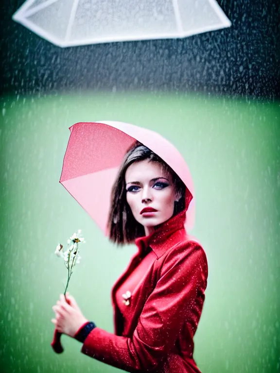 Image similar to kodak ektar 1 0 0 photo of a beautiful woman, lucy rosiek style 3 / 4, surrounded by rain in style of valeria lobbia, 1 5 0 mm lens, f 1. 2, elegant, highly detailed, sharp focus, head in focus, soft blur background, matt dreamy colours, volumetric lighting, hyper realistic