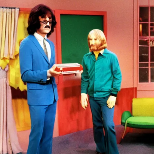 Image similar to on the full color tv set of captain kangaroo, 7 0 s color grade, guest starring john lennon