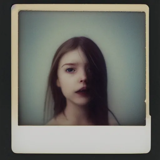 Prompt: a porcelain portrait of a girl is melting like an ice cream, realistic detailed photography polaroid