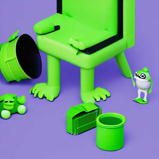 Prompt: isometric minimalistic backroom with pepe the frog and trashcans, cinema 4 d, 1 0 0 0 mm, purple and green scheme depth of field, octane render, studio lighting