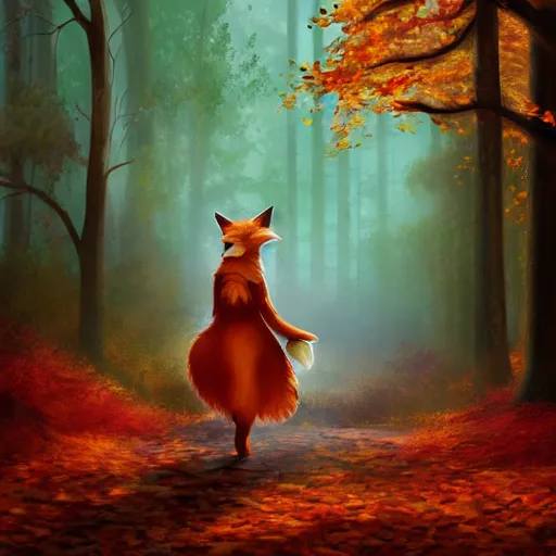 Prompt: A woman with a mystical fox companion, in a autumn forest, lifelike, light rays, volumetric, fox, magic, autumn, digital art, trending on artstation, by Toni Infante