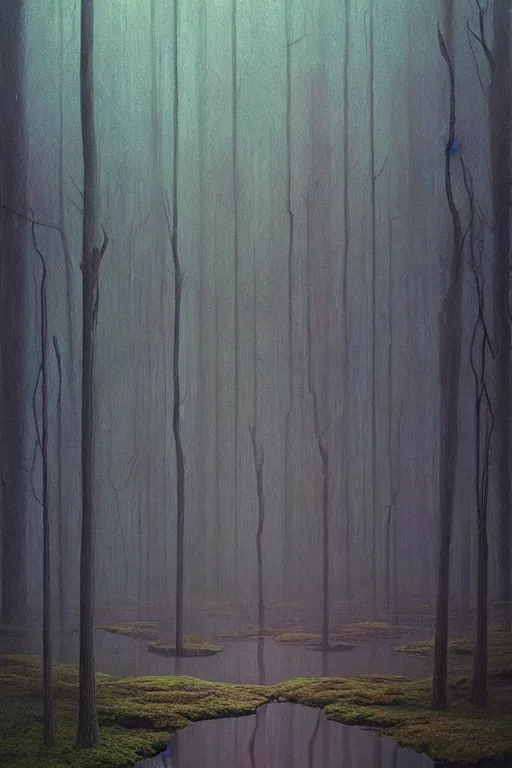 Image similar to surreal forest, 8 0 s art deco, rain like a dream, oil painting, dreamlike, psychedelic, otherworldly, weird, cyberpunk, vaporware, interesting details, volumetric lighting, dramatic, fantasy, by moebius, by zdzisław beksinski, artgerm, fantasy lut, epic composition, 8 k,