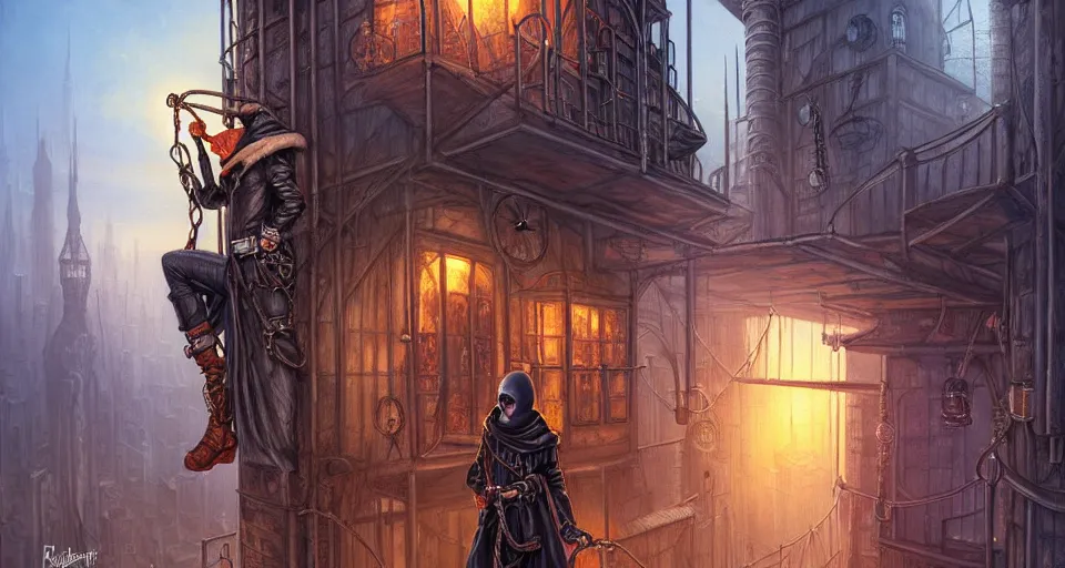 Image similar to landscape painting of a hooded thief in leathers using a rope to climb a tall metal steampunk buildings within a fantasy city which has walkways and lit windows, fine details, magali villeneuve, artgerm, rutkowski