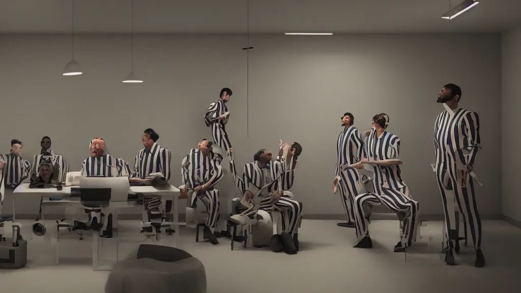 Prompt: inmates in striped suits sitting around a television bolted to the wall, rule of thirds, rendered in octane, rendered in Corona, rendered in vray, rendered in Arnold, insanely detailed, photorealistic, cinematic, global illumination, no grain