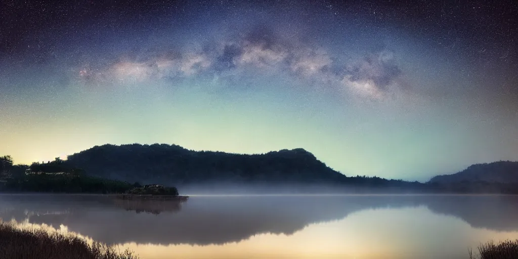 Image similar to a magic lake by night with fog mountains in the background and the milkyway in the sky by studio ghibli and hayao miyazaki and kazuo oga