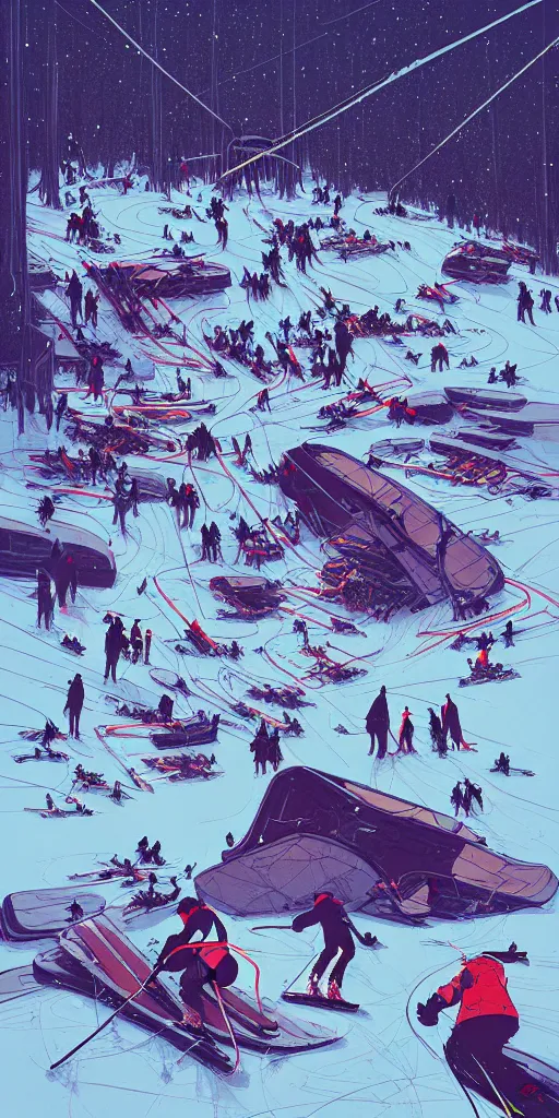 Image similar to by moebius and atey ghailan | the bottom of a ski slope with a huge pile of tangled up skiers |