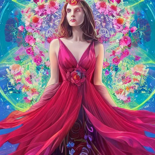 Prompt: scarlet witch in a swirling sundress of flowers, floral explosion, radiant light, vortex of plum petals, by WLOP, Tristan Eaton