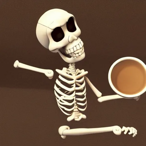 Prompt: 3d render pixar cartoon skeleton drinking a cup of coffee hd octane render