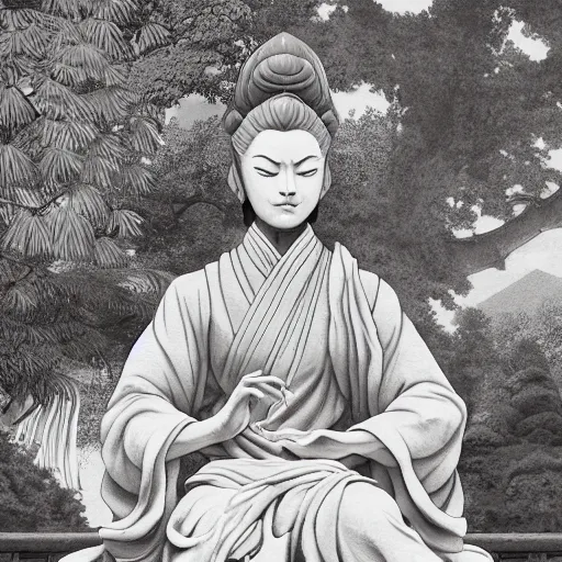 Prompt: marble statue of azula meditating in a rococo japanese garden, accurate details, detailed full body, dramatic, intricate, elegant, highly detailed, digital painting, artstation, concept art, sharp focus, illustration, art by gustave dore