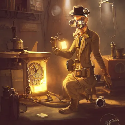 Prompt: a crazy artificer working in his haphazard steampunk workshop, light rays, artstation