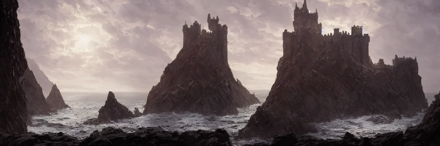 Prompt: dragonstone castle from westeros by greg rutkowski, artstation and frank frazetta, extremely hyperdetailed, grim atmosphere, intricate stone architecture, sense of dread, ominous, ramparts, bulwarks, oceanside on a cliff