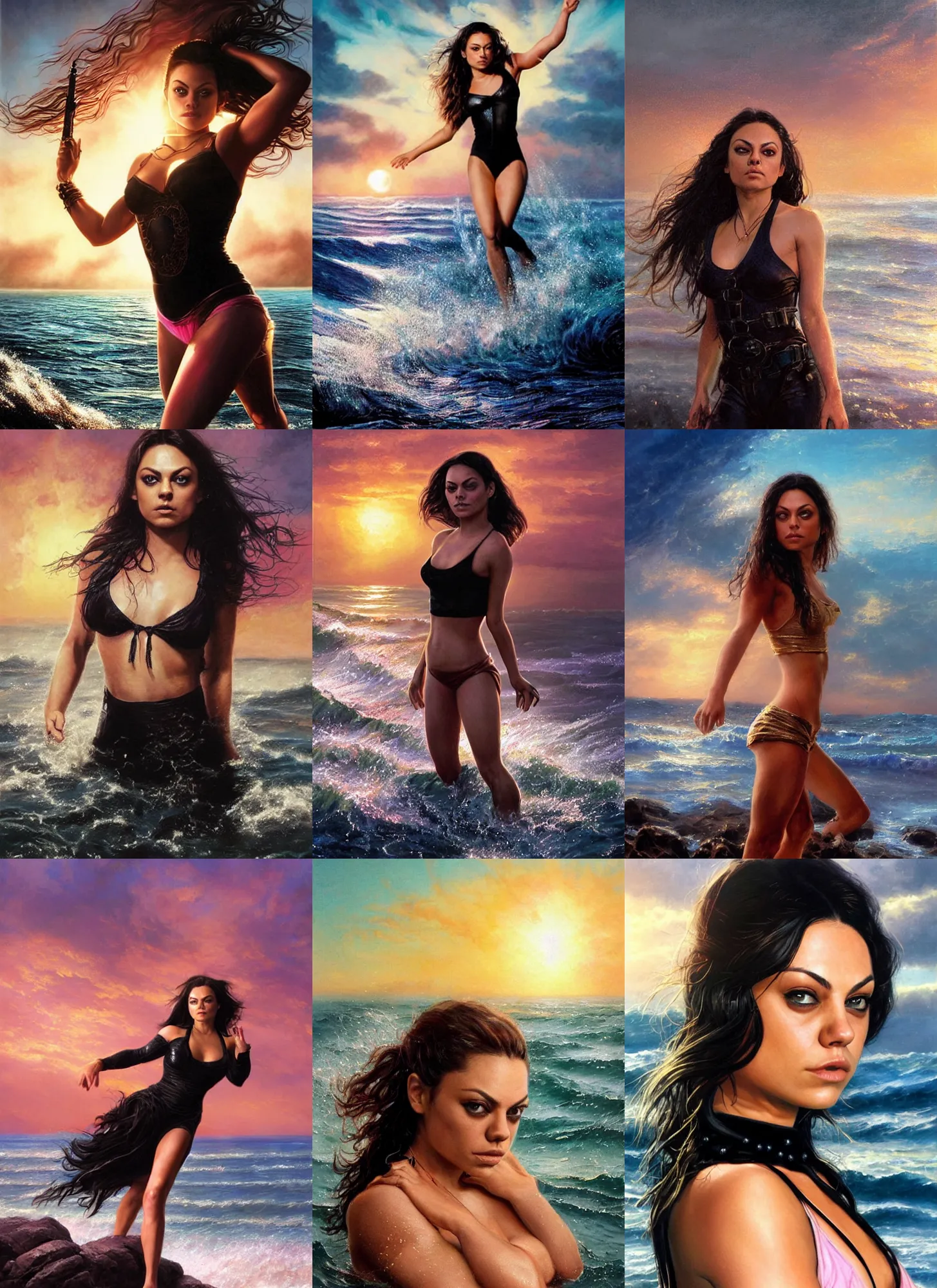 Prompt: Mila Kunis wearing black choker, epic portrait of a very strong muscled Amazon heroine, sun beams across sky, pink golden hour, six-pack, stormy coast, elegant dolphins jumping from the water, intricate, highly detailed, shallow depth of field, epic vista, Ralph Horsley, Daniel F. Gerhartz, Artgerm, Boris Villajo, Lilia Alvarado
